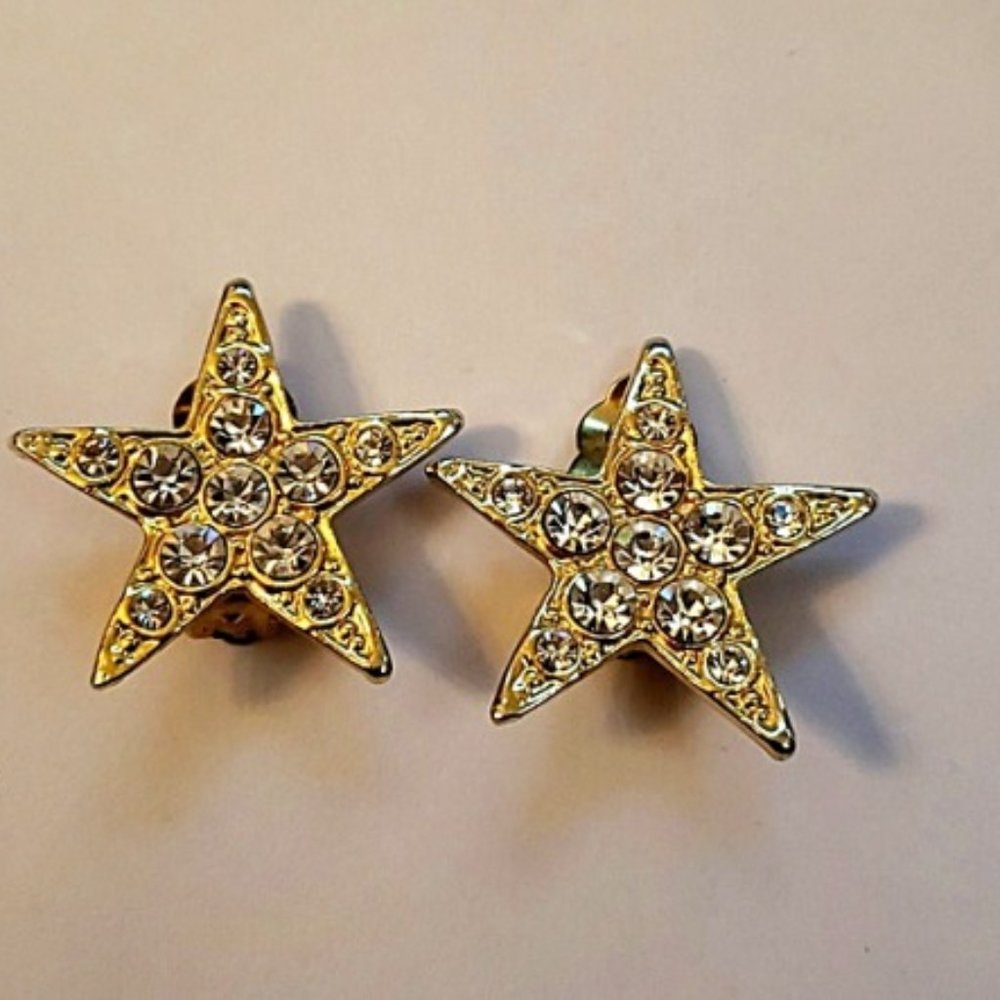 Gold Star Clip On Earrings with Crystals